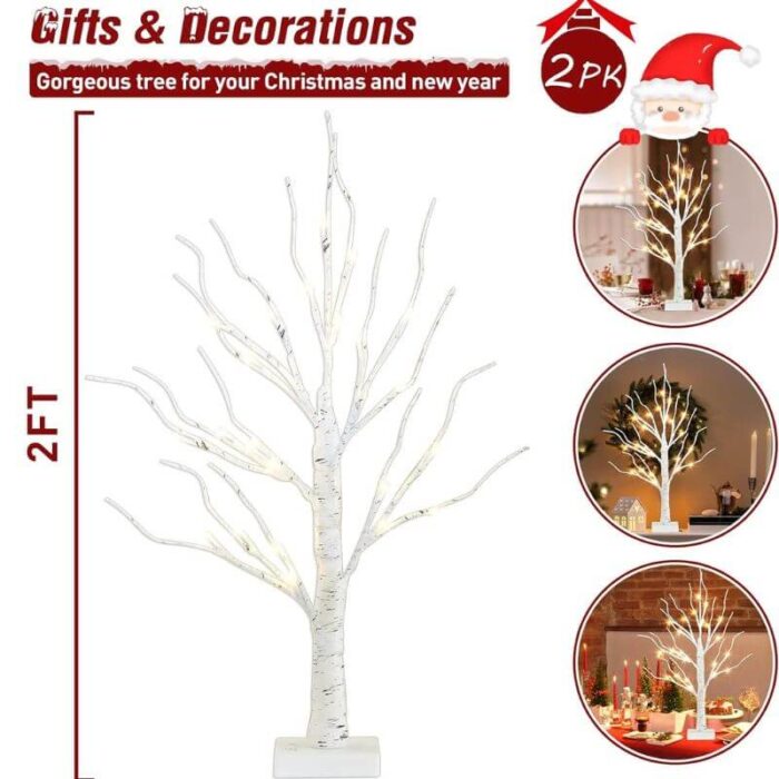2FT Lighted Birch Tree with 24 Warm White LED  Fairy Lights – Battery Powered Christmas Decoration  with Timer, Indoor Home Decor - Image 6