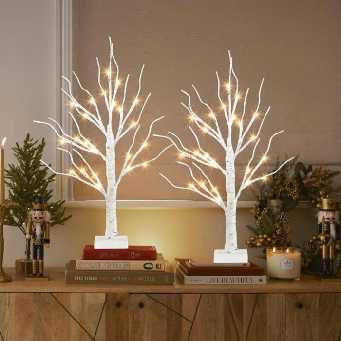 2FT Lighted Birch Tree with 24 Warm White LED  Fairy Lights – Battery Powered Christmas Decoration  with Timer, Indoor Home Decor - Image 1