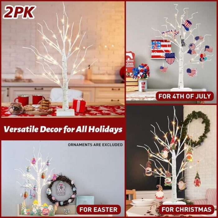 2FT Lighted Birch Tree with 24 Warm White LED  Fairy Lights – Battery Powered Christmas Decoration  with Timer, Indoor Home Decor - Image 7