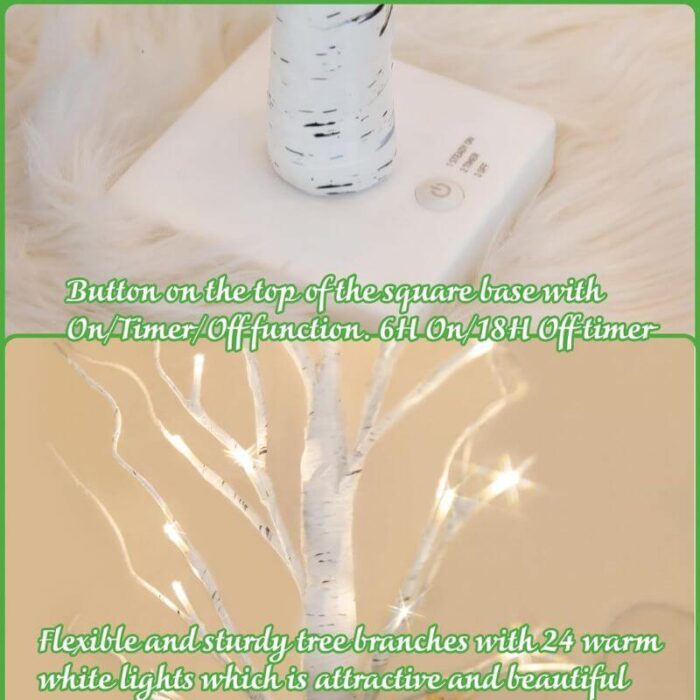 2FT Lighted Birch Tree with 24 Warm White LED  Fairy Lights – Battery Powered Christmas Decoration  with Timer, Indoor Home Decor - Image 4