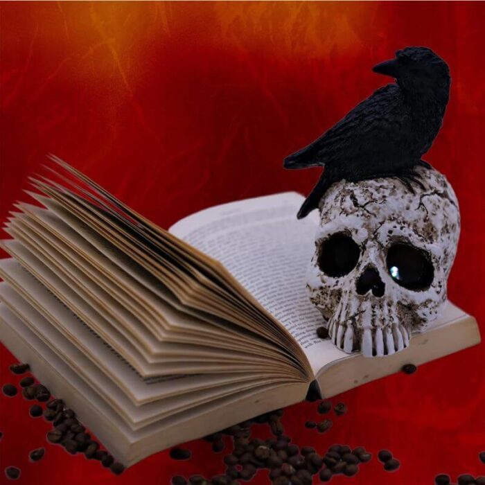 Skull Halloween Home Decor , Gothic Crow on Skull Statue, Resin Raven Perched on Skeleton Figurine - Image 3