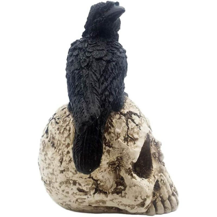 Skull Halloween Home Decor , Gothic Crow on Skull Statue, Resin Raven Perched on Skeleton Figurine - Image 2