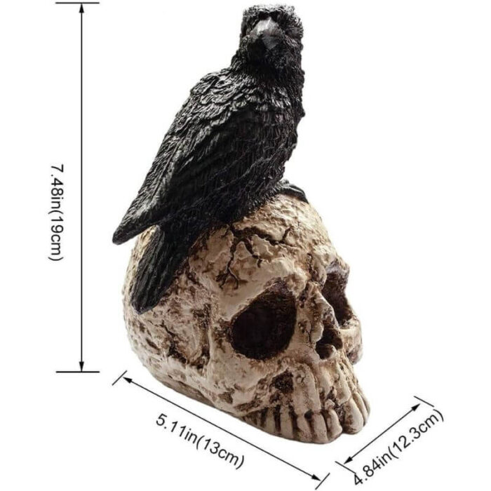 Skull Halloween Home Decor , Gothic Crow on Skull Statue, Resin Raven Perched on Skeleton Figurine - Image 4