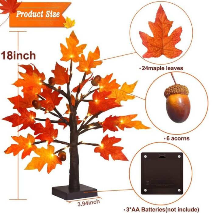 1.5 - 2FT Lighted Maple Tree, Thanksgiving Artificial Fall Tree with  36 LED Warm White Lights, Battery Operated with  Timer, Tabletop Thanksgiving Decoration for Indoor  Fall Harvest Home Decor - Image 9