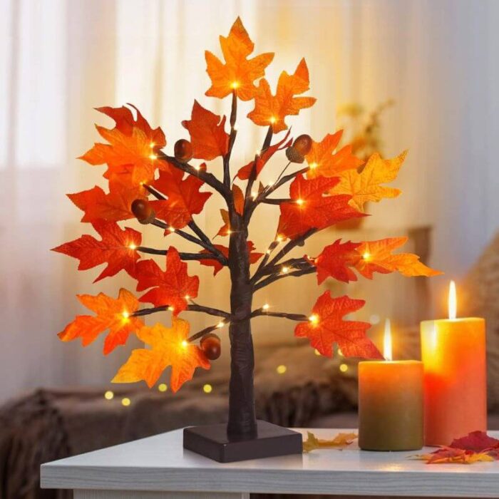 1.5 - 2FT Lighted Maple Tree, Thanksgiving Artificial Fall Tree with  36 LED Warm White Lights, Battery Operated with  Timer, Tabletop Thanksgiving Decoration for Indoor  Fall Harvest Home Decor - Image 3