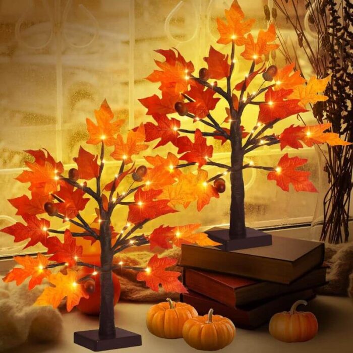 1.5 - 2FT Lighted Maple Tree, Thanksgiving Artificial Fall Tree with  36 LED Warm White Lights, Battery Operated with  Timer, Tabletop Thanksgiving Decoration for Indoor  Fall Harvest Home Decor - Image 1