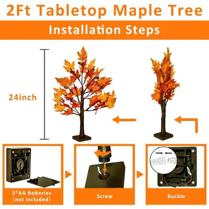 1.5 - 2FT Lighted Maple Tree, Thanksgiving Artificial Fall Tree with  36 LED Warm White Lights, Battery Operated with  Timer, Tabletop Thanksgiving Decoration for Indoor  Fall Harvest Home Decor - Image 5