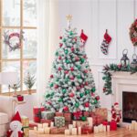 Snow Flocked Artificial Christmas Tree , Full Xmas Tree with 1284 Branch Tips & Foldable Metal Stand